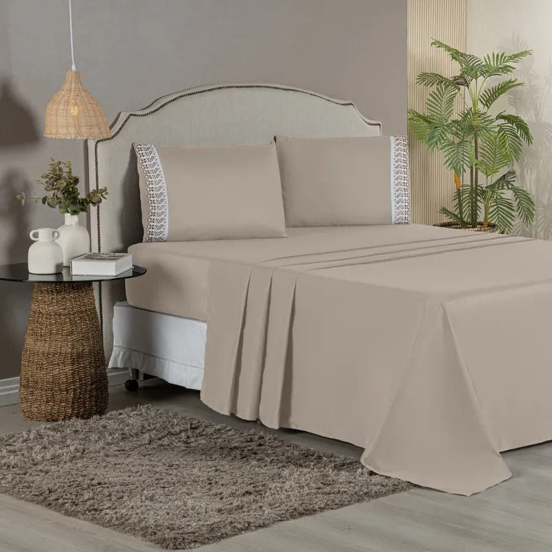 Jogo de Cama - Bordado Inglês ( bege)